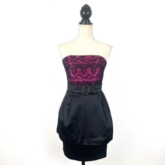 Jessica McClintock Gunne Sax Vintage Dress Magenta Black Lace Strapless Mini  5 - Picture 1 of 12